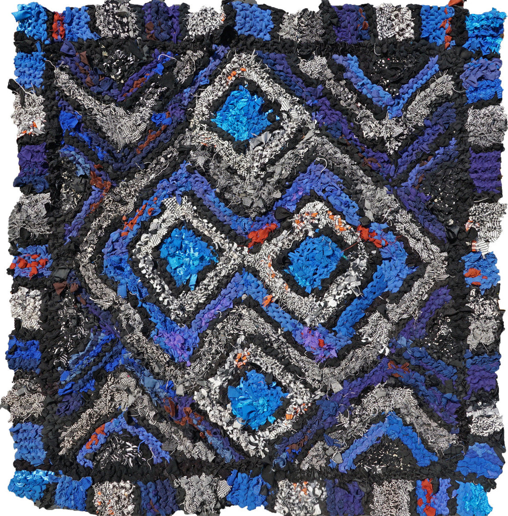Black and White and Blue Log Cabin Rag Rug, 38" x 42" - Knitted rug -  -  Karen Tiede Studio