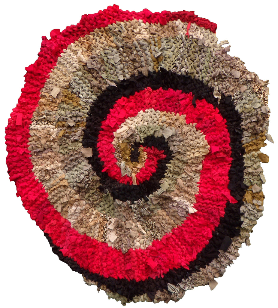 Red, Tan & Khaki Spiral Rag Rug, 36" - Knitted rug -  -  Karen Tiede Studio