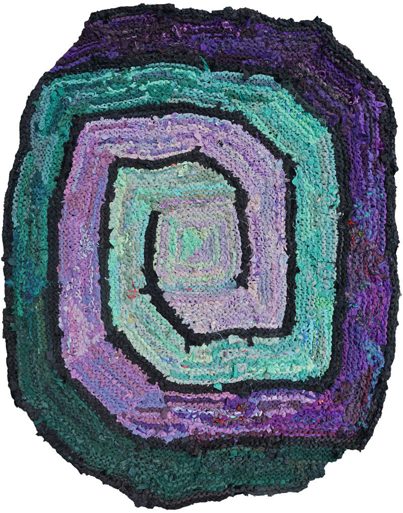Square Spiral, Purple & Green Rag Rug 40" x 59" - Knitted rug -  -  Karen Tiede Studio